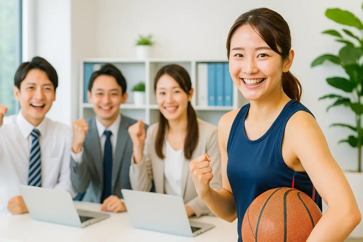 アーシャルデザイン イメージ：アスリートと若手社員が笑顔で働く様子