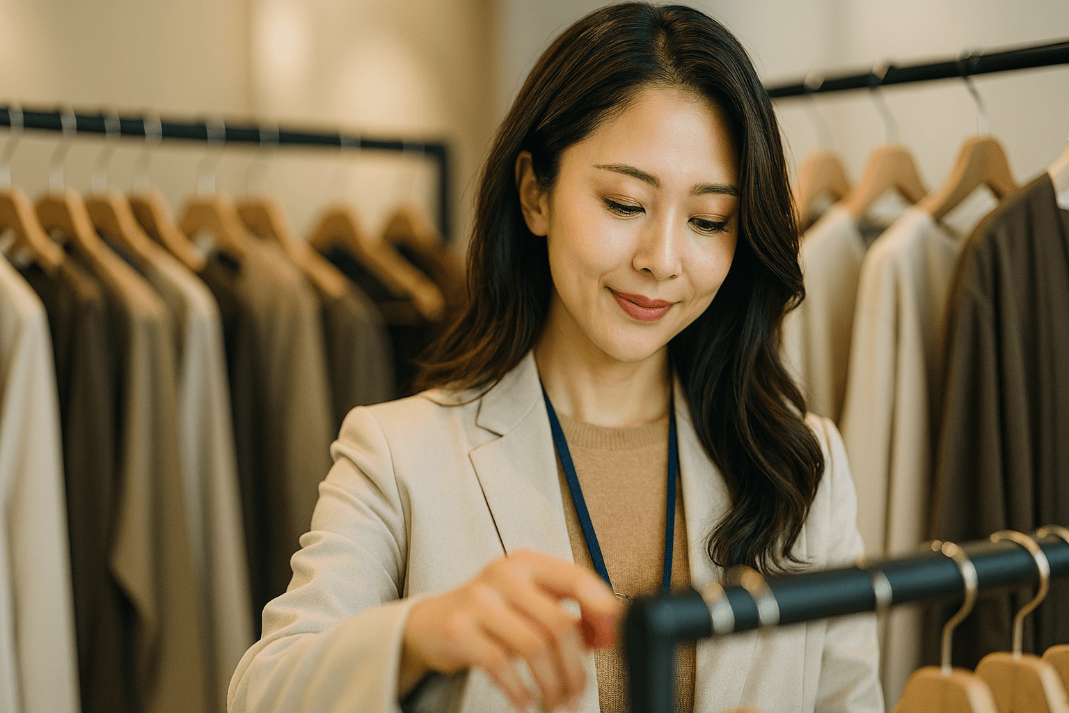 転職サービス広告用イメージ：アイテムをハンガーに掛ける女性スタッフ、温かみのある店舗背景