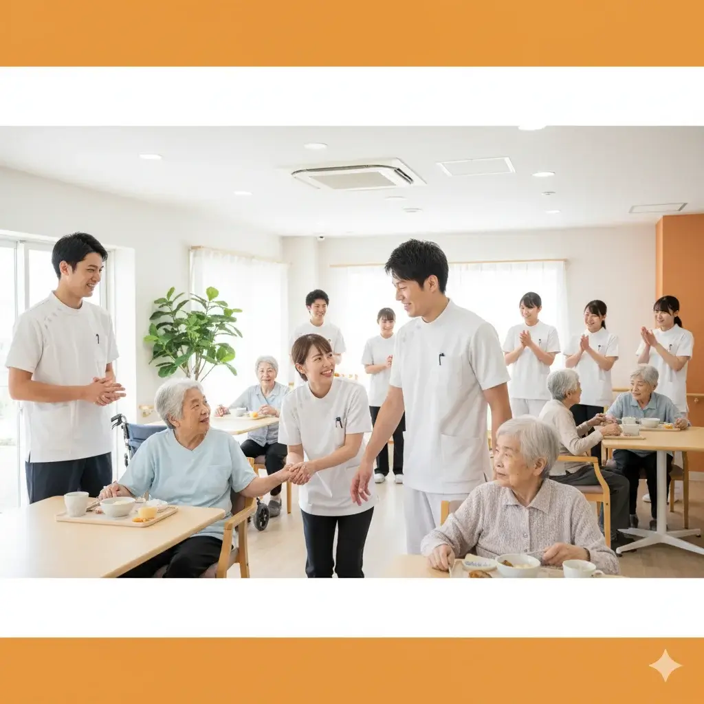 明るい介護施設で笑顔のスタッフが利用者を支えるテレビCM風イメージ