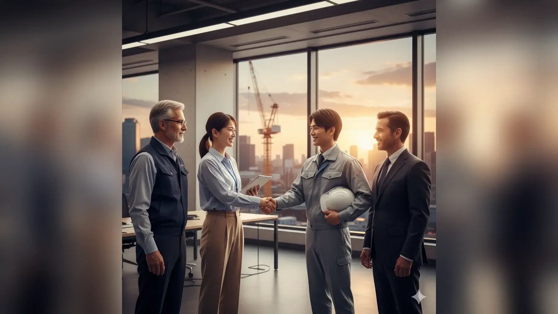 建設現場で笑顔の職人たちが働く、建設業の転職成功を表現したテレビCM風イメージ