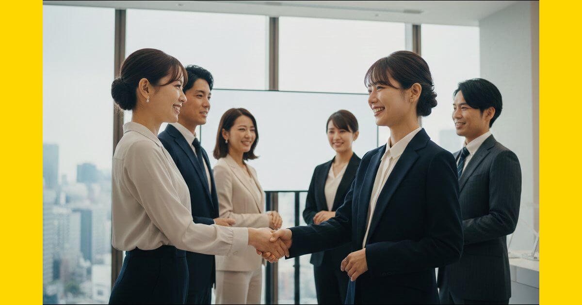 ファッション業界で働くプロフェッショナルとエージェントの握手（成功イメージ）