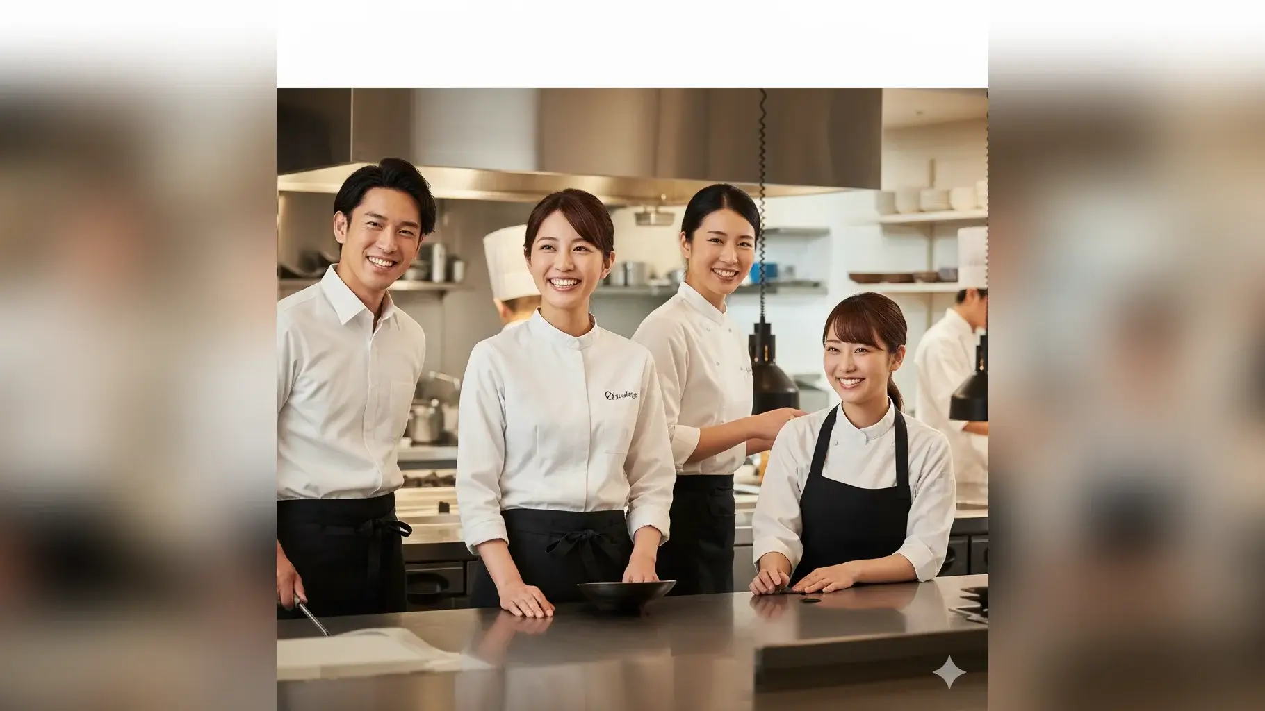 飲食業界で働くプロフェッショナルたち。笑顔で前向きにキャリアを築く様子を表す