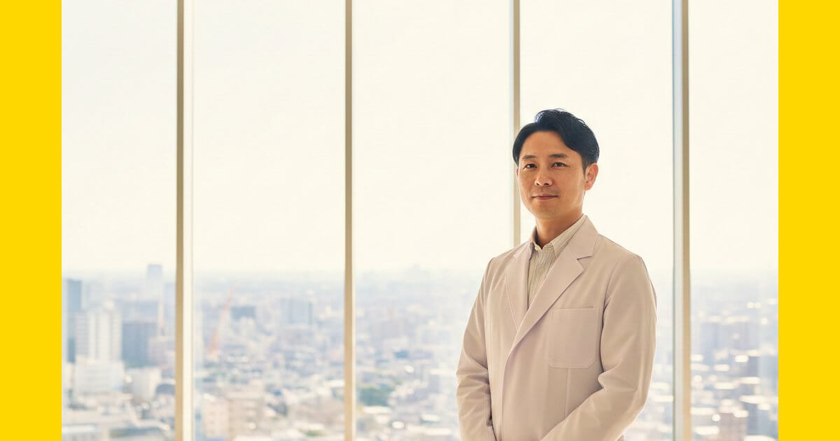 病院ロビーに立つ自信ある医師（JMC転職支援イメージ）