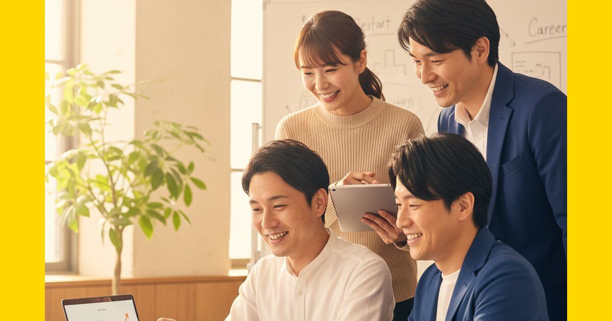 キズキビジネスカレッジで笑顔で再挑戦する30代の利用者たち。明るく前向きなオフィスでのキャリア構築の様子。