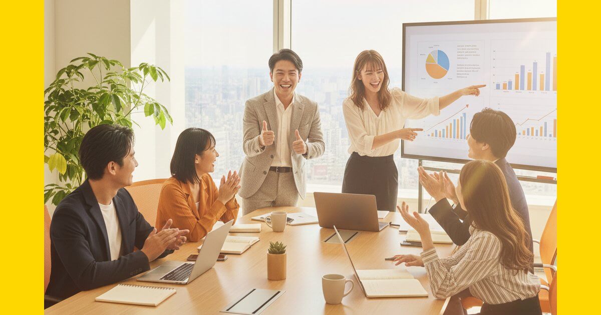 明るいオフィスで活発に議論する20代の営業職チーム。若手人材の成長を促す、風通しの良い職場環境のイメージ