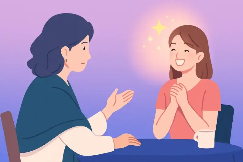 窓辺で相談を終え微笑む20〜40代女性。自然光と柔らかい表情で安心感を伝える