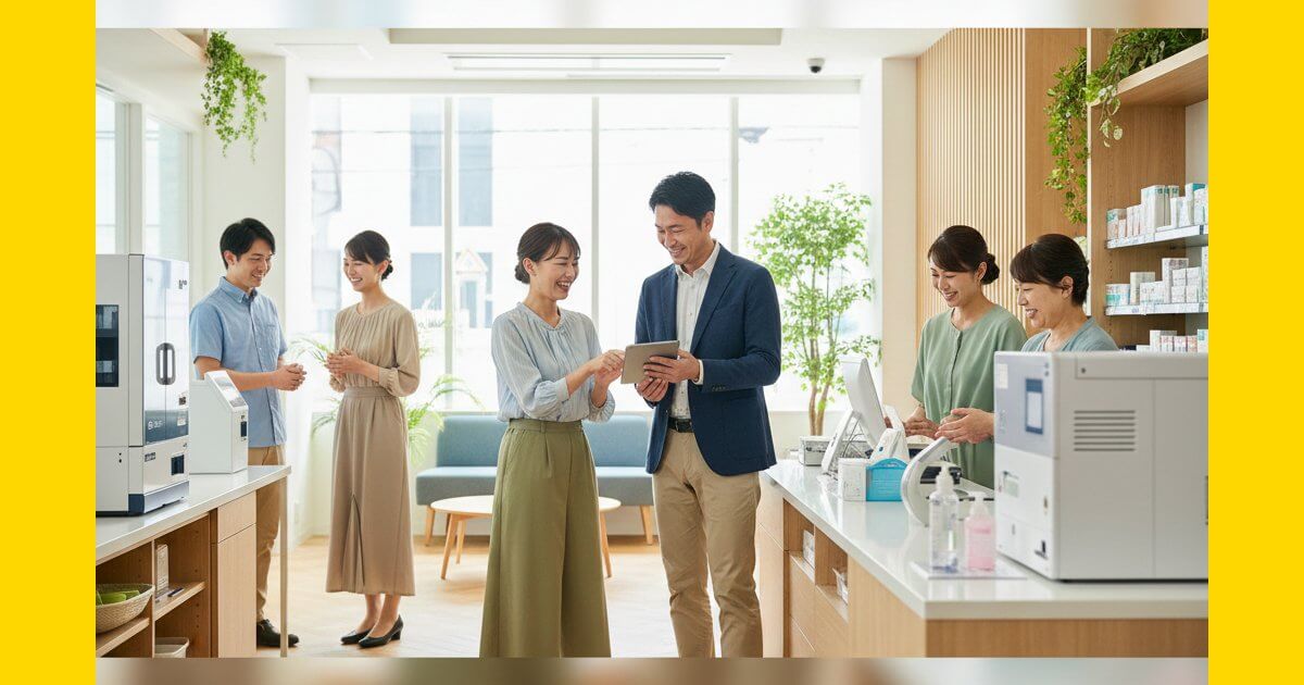 20代から50代の男女薬剤師が明るい薬局で笑顔で働く様子。アプロ・ドットコムが提案する、高待遇で働きやすい職場環境のイメージ。