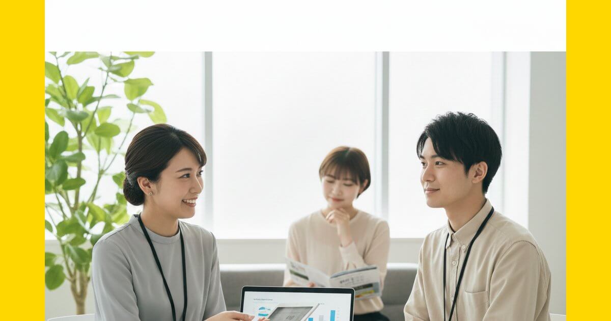 キャリアパーク就職エージェントの清潔感あふれるオフィスで、笑顔でキャリア面談を行うアドバイザーと求職者の様子