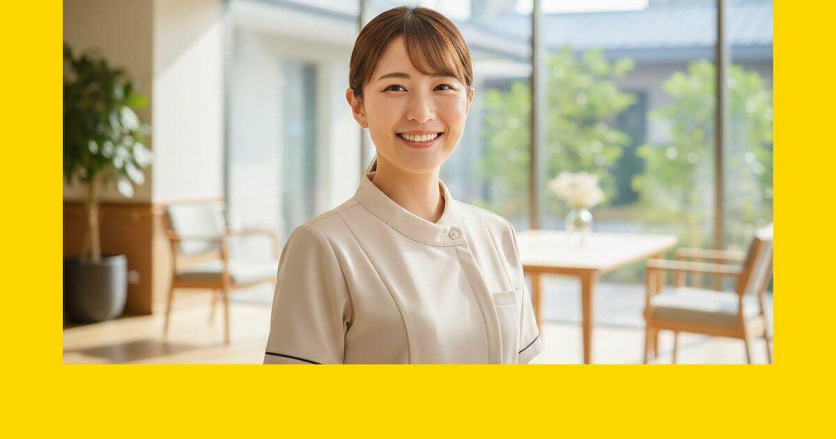 明るく清潔感のある施設で、充実した笑顔を見せる20代〜40代の女性介護職。クリックジョブ介護での転職成功イメージ。