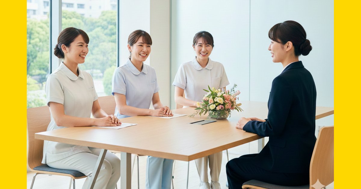 歯科衛生士の転職相談シーン。20代から50代の女性たちが明るいオフィスで専門アドバイザーと談笑する様子。