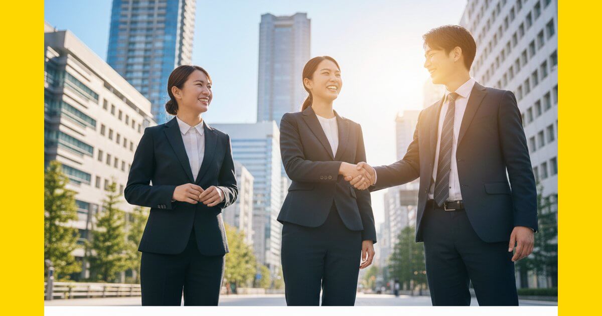 福岡で転職成功した20代の男女。希望に満ちた笑顔で握手をするビジネスシーン。