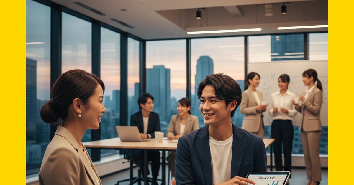 明るい高層オフィスで、タブレットを使い親身にキャリア相談をするIT転職エージェントと笑顔の男性エンジニア