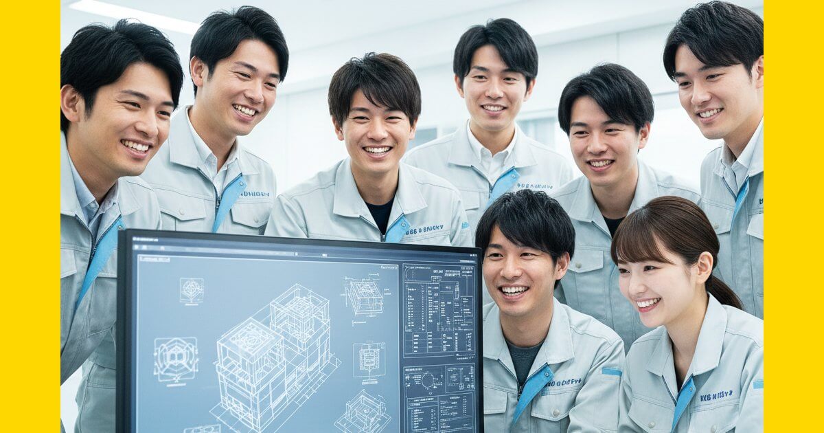 メイテックネクストを利用して活き活きと働く、20〜30代のメーカーエンジニアチームのイメージ。明るい未来を創造する風景。