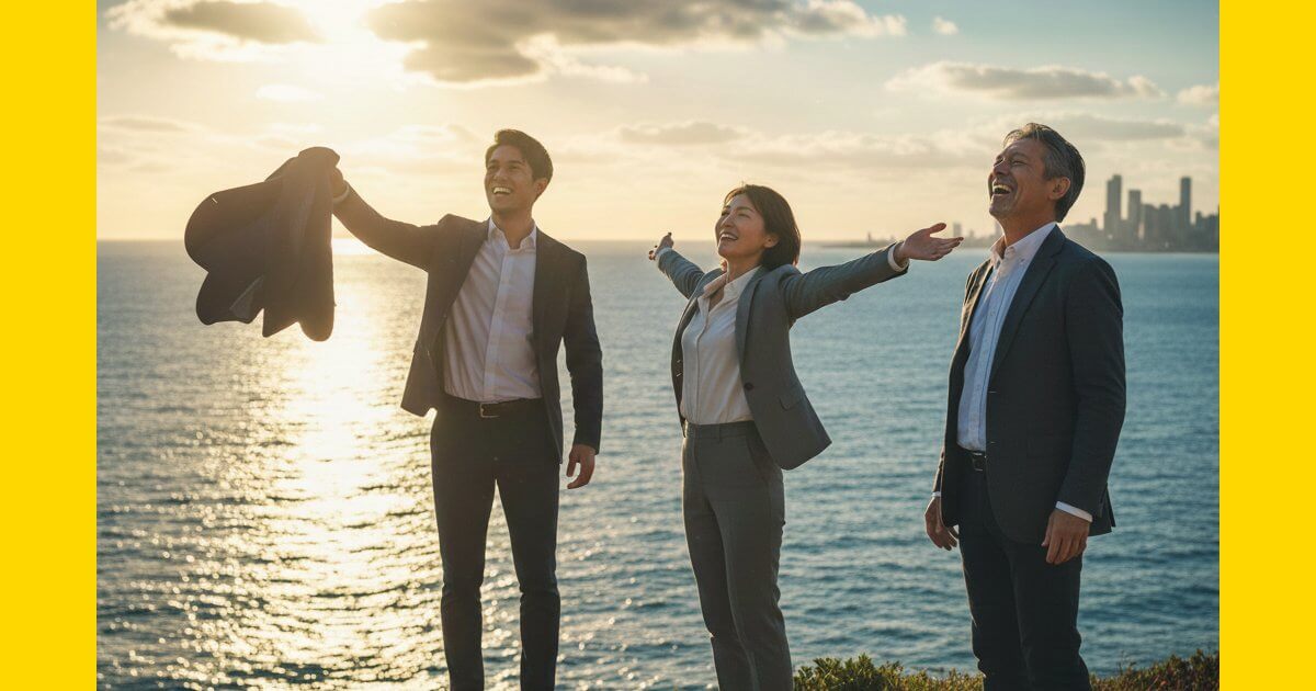 退職代行を利用し、職場の重圧から解放され、海を背景に晴れやかな笑顔を見せる20代から50代の男女