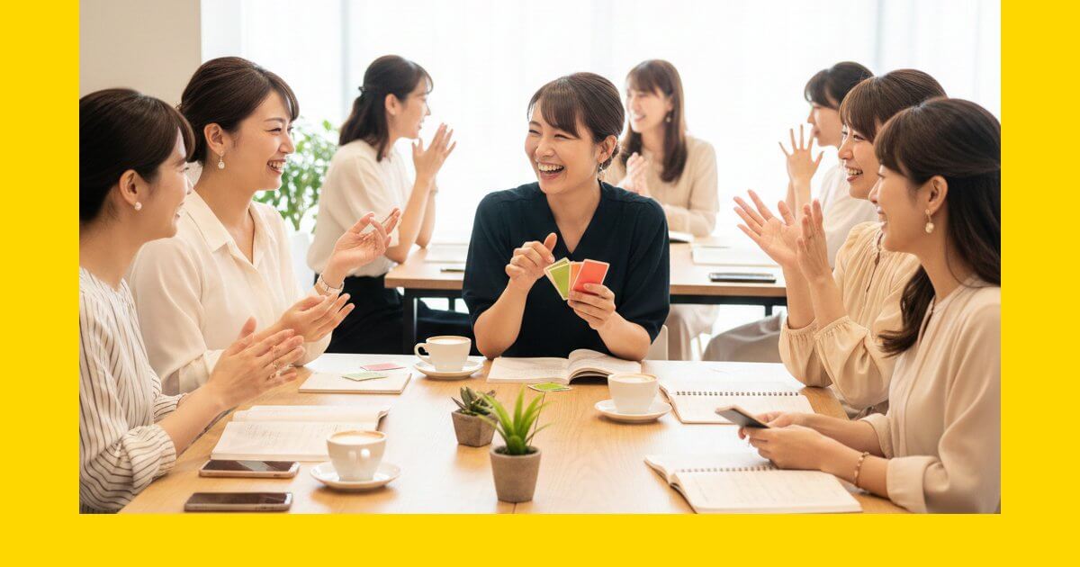 ワンコイングリッシュの明るいカフェ風教室で笑顔で英会話を楽しむ女性たちのグループ。