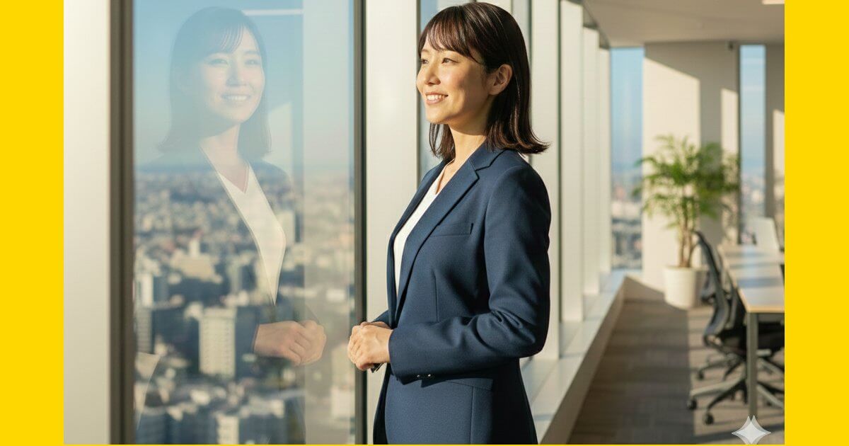 るいモダンなオフィスで窓の外を眺め、ZaPASSコーチングによる未来のキャリアビジョンを描く女性ビジネスパーソン