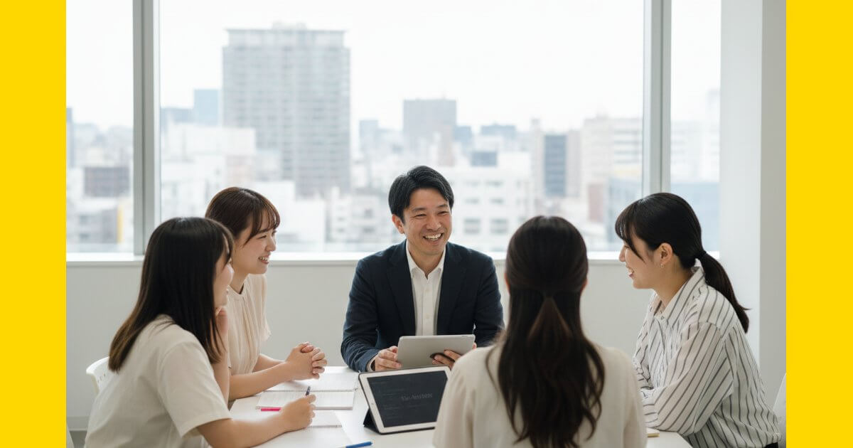 教室の雰囲気を伝えるイメージ画像。講師の丁寧な指導と学習の前向きな雰囲気を表現しています。