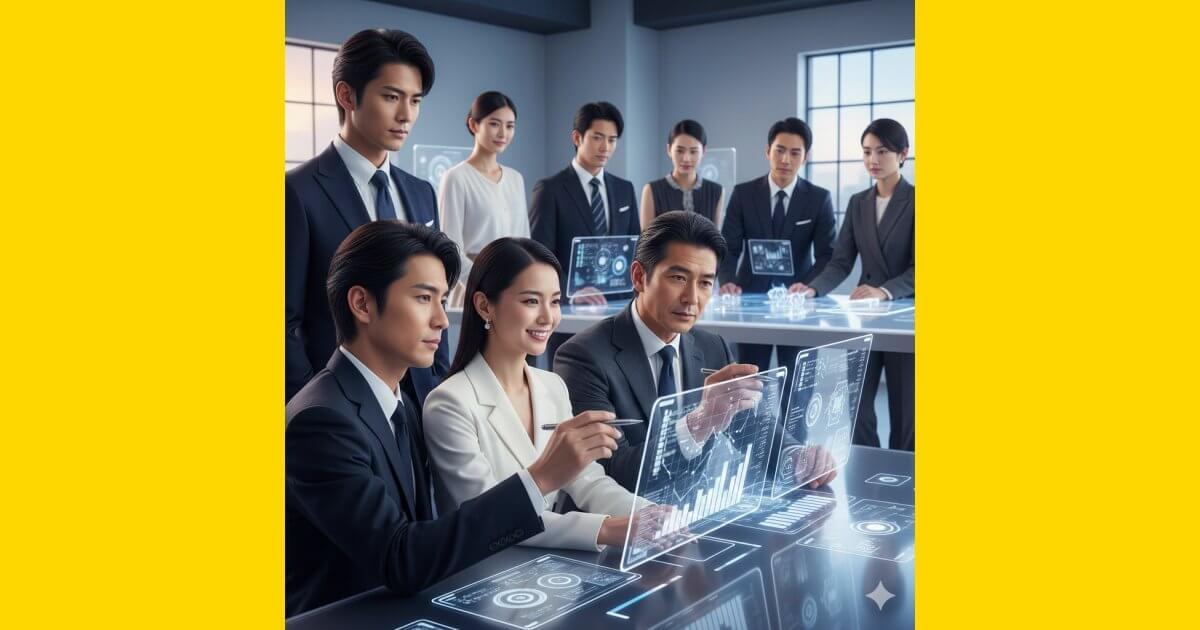 先進的なオフィスでホログラムディスプレイのデータ分析画面を囲み、真剣かつ自信に満ちた表情で議論を交わす、洗練されたスーツ姿のビジネスプロフェッショナルたちのグループ。