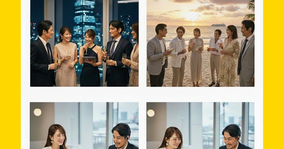 ビジネスの夜景ラウンジ、夕暮れのビーチ、モダンなオフィスでの英会話トレーニング風景を統合した、英会話習得によるキャリアとライフスタイルの向上を表現したイメージ画像