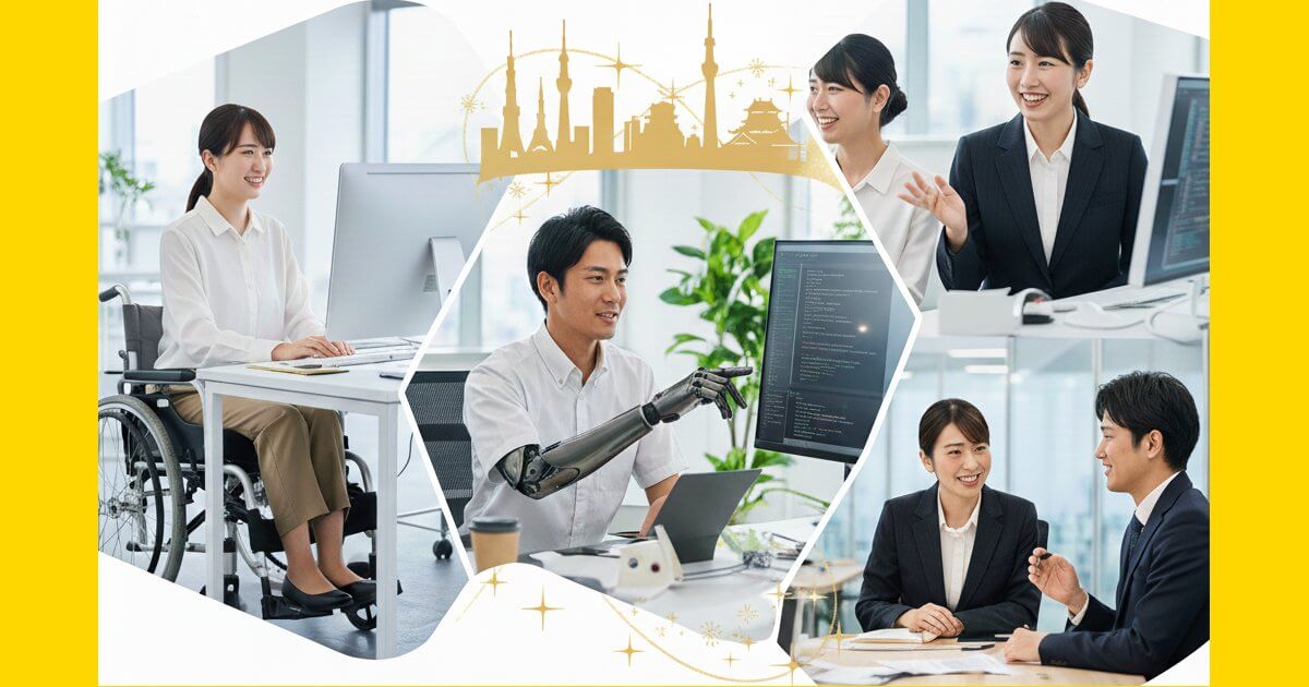 障害者雇用バンクを通じて、オフィスで明るく生き生きと働く20代から40代の男女。車椅子や義手を使用しながらプロフェッショナルに活躍するビジネスシーン