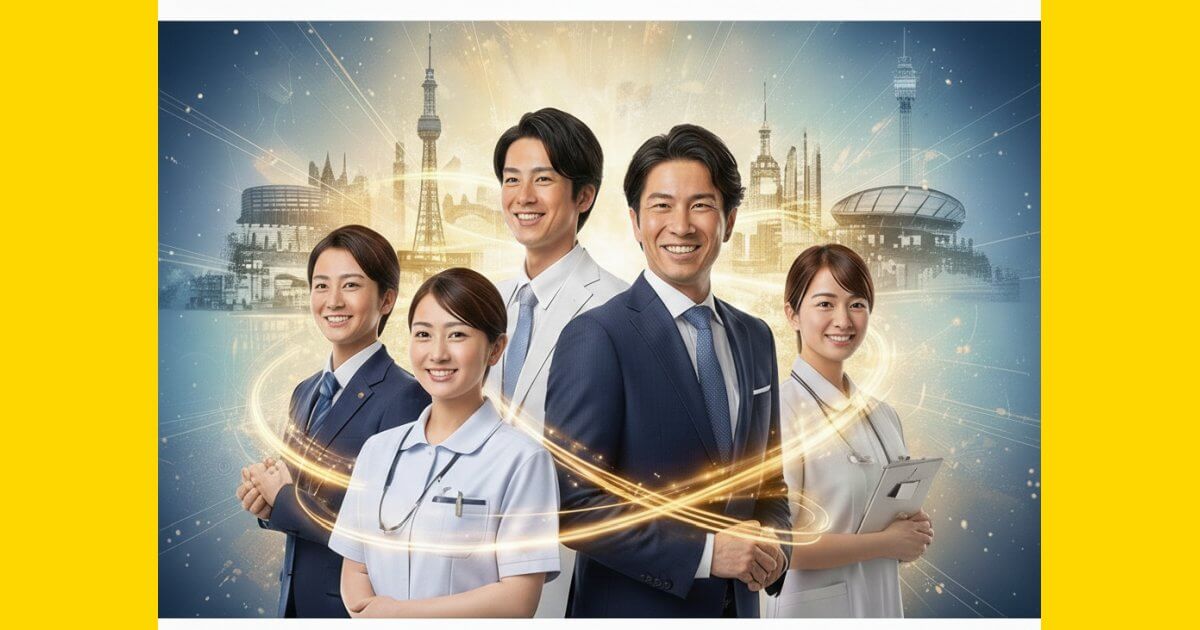 東京や大阪の都市景観を背景に、自信と笑顔に満ちた日本人の若手・ベテラン男女の介護・医療スペシャリストたちが並ぶ、美的で洗練されたイメージ画像