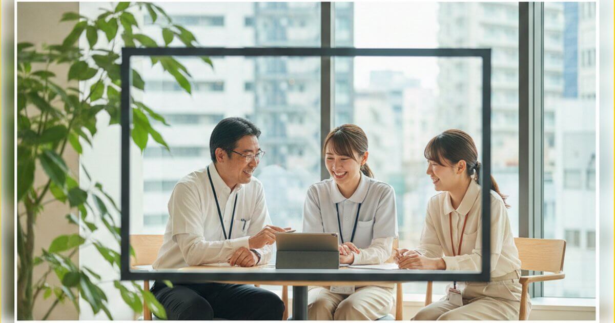 都心のオフィスで誠実なアドバイザーと笑顔で対話する保育士転職希望者のイメージ。