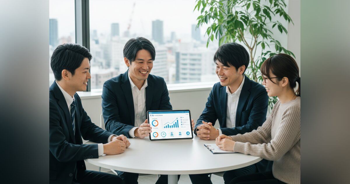 明るいオフィスでタブレットを囲み、笑顔で採用戦略を相談する日本人のビジネスパーソンたち