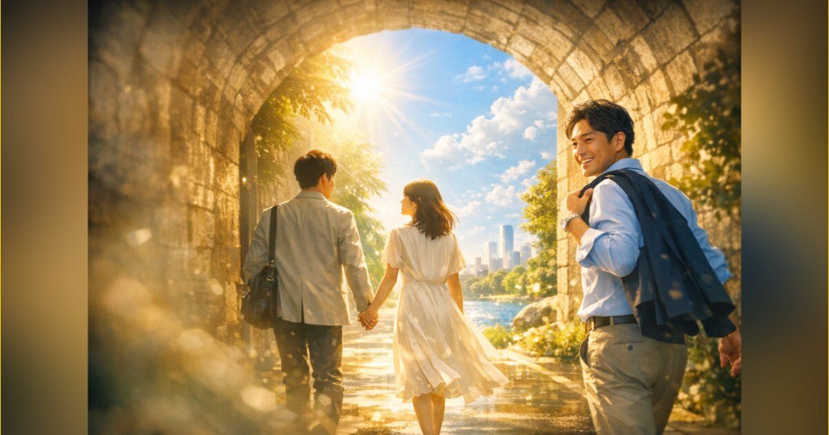 暗いトンネルから差す光へ向かって歩く日本人の若手と中年、退職と再出発を象徴する情景