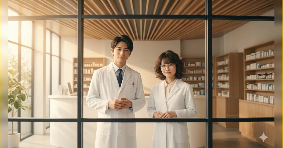 若手薬剤師風の笑顔の男女ポートレート