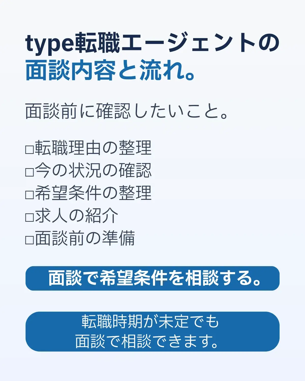 type転職エージェントの面談内容と流れをまとめた画像。転職理由や今の状況、希望条件の整理、求人紹介、面談前の準備を確認できる