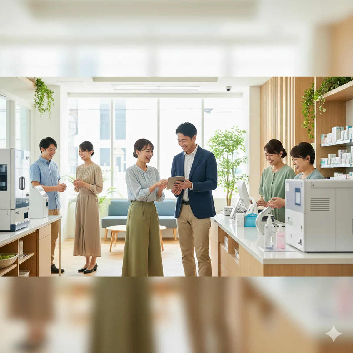 20代から50代の男女薬剤師が明るい薬局で笑顔で働く様子。アプロ・ドットコムが提案する、高待遇で働きやすい職場環境のイメージ。