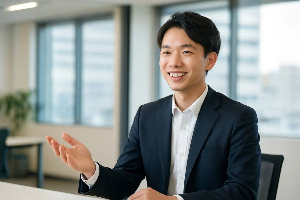 明るいオフィスで笑顔の若手ITエンジニアが会話するテレビCM風イメージ