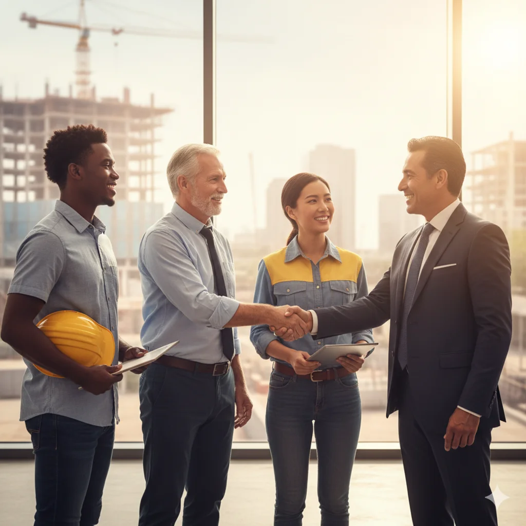 建設現場で笑顔の職人たちが働く転職成功イメージ