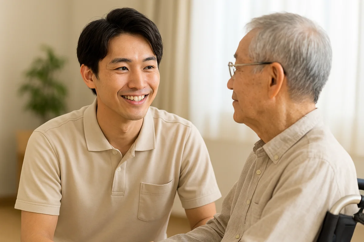 若い介護スタッフが車いすの利用者を優しく見守る風船レクリエーションの一瞬の参考画像