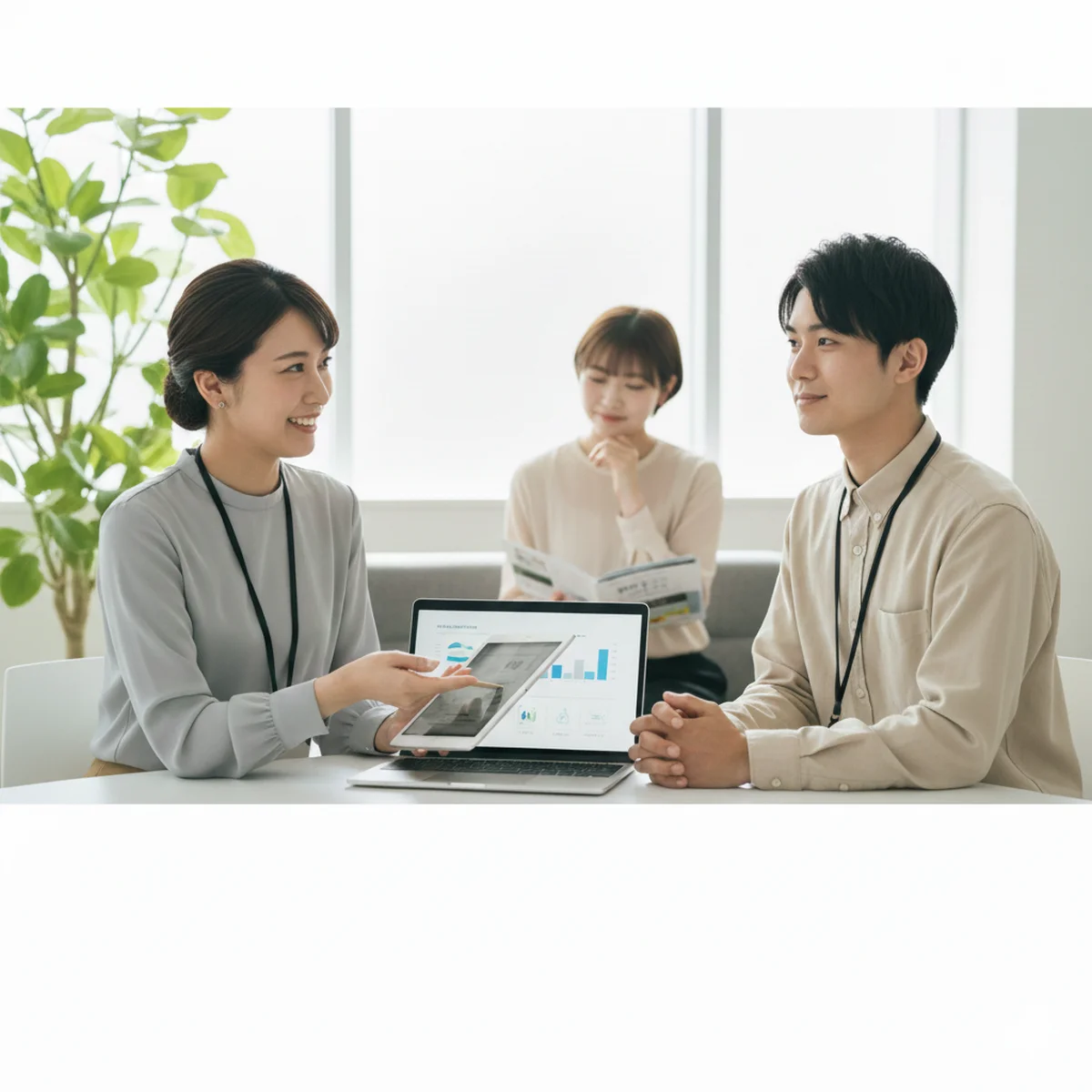 キャリアパーク就職エージェントの清潔感あふれるオフィスで、笑顔でキャリア面談を行うアドバイザーと求職者の様子