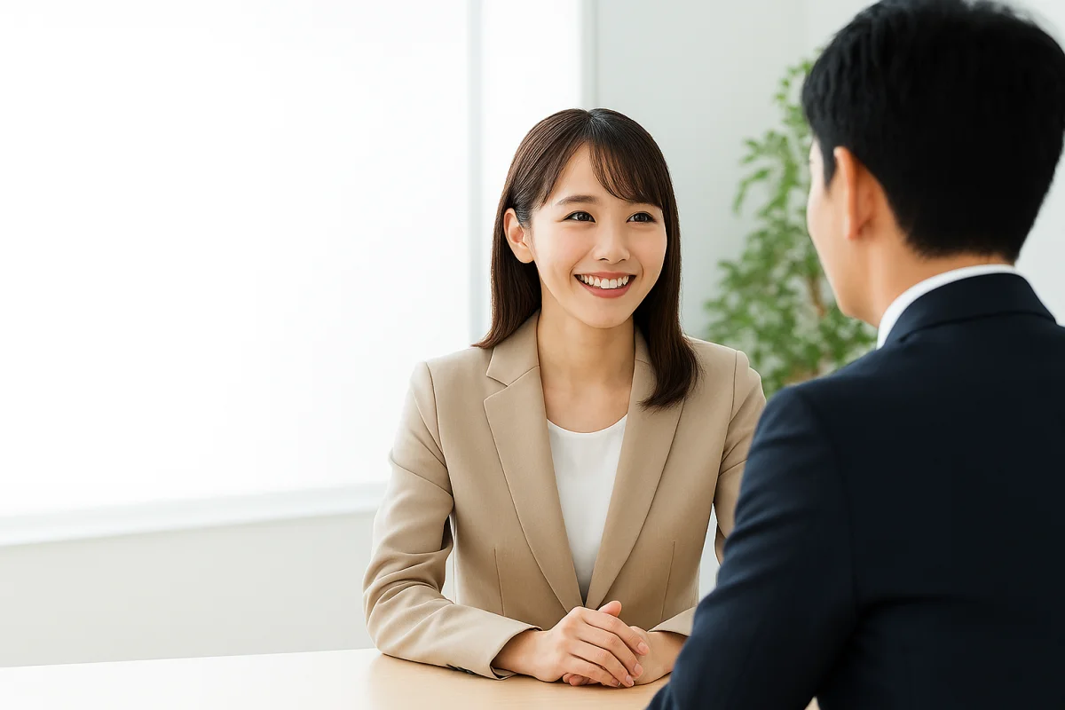 明るいオフィスで笑顔の若手が面談を受ける様子（テレビCM風）