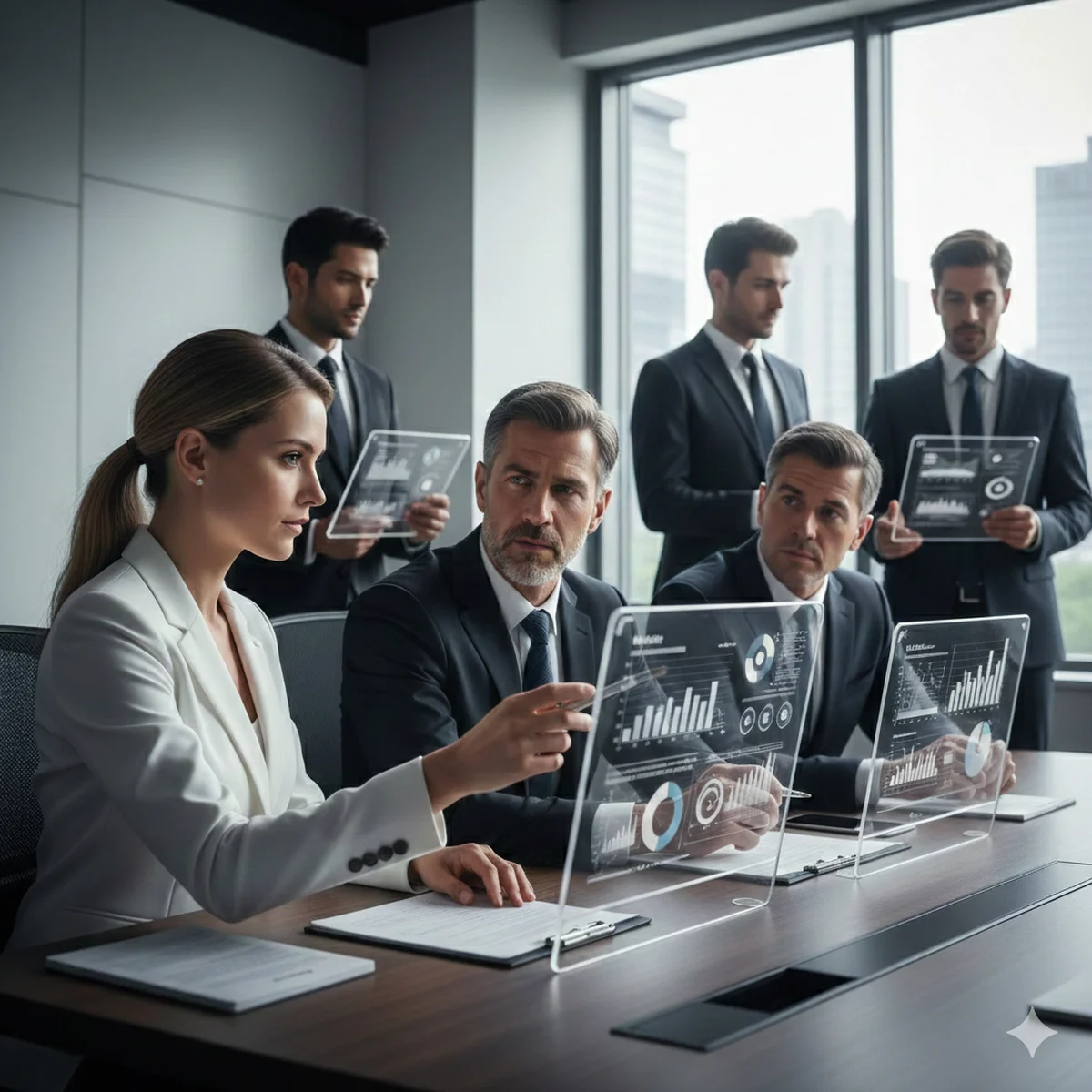 洗練されたモダンな会議室で、透明なデータパネルを前に戦略を練る、ハイブランド風の知的で品格のあるビジネスリーダーたち。ビジネスパーソンの学習風景を想起させるイメージの美男子と、聡明な美女によるプロフェッショナルな議論の風景。