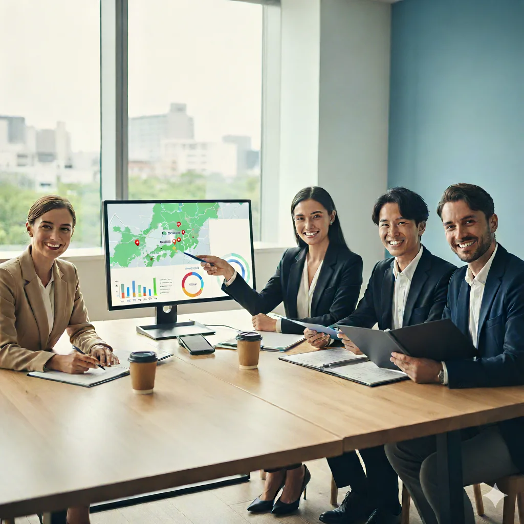 EMPS 求人支援イメージ — 若手講師が笑顔で働く様子(テレビCM風)