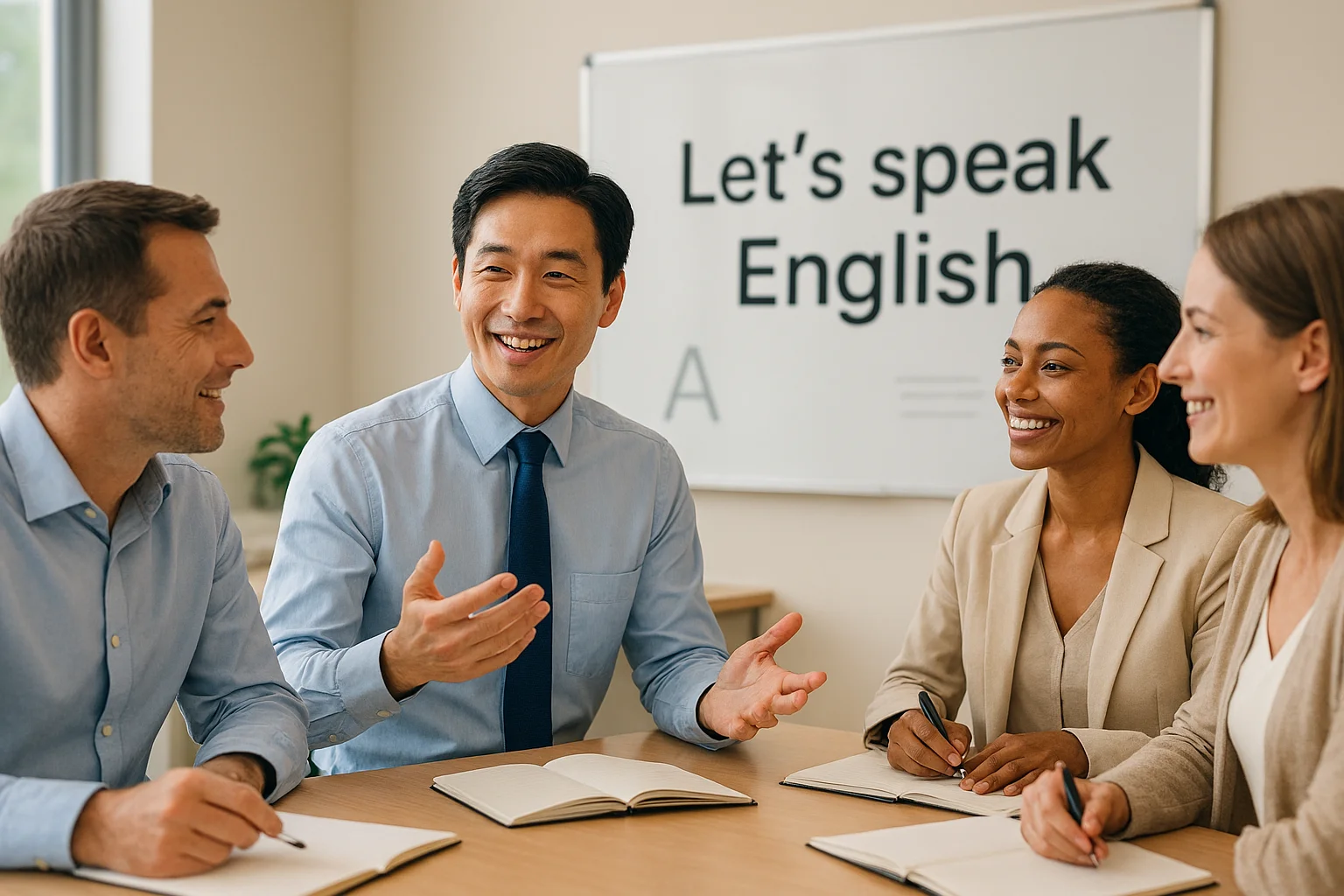 明るい教室で英語を話す30〜40代のビジネスパーソン達