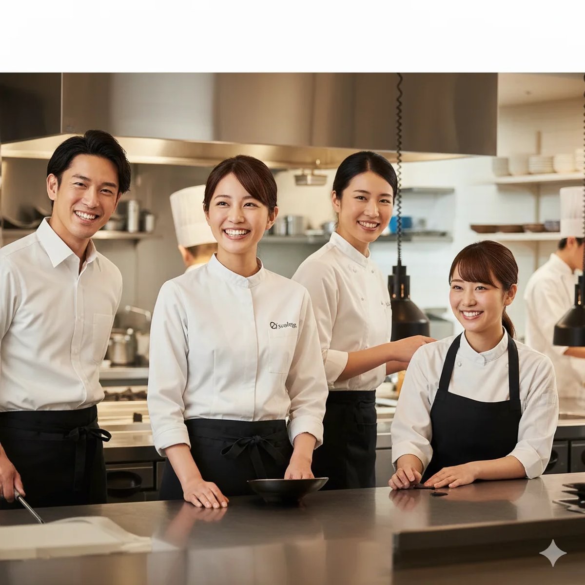 飲食業界で働くプロフェッショナルたち。笑顔で前向きにキャリアを築く様子を表す