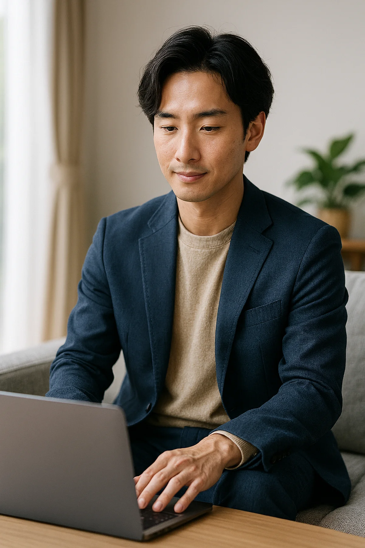 ノートパソコンで作業する落ち着いた表情の日本人男性のイメージ