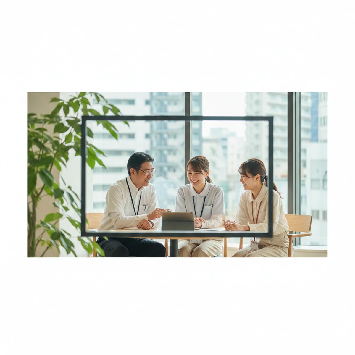 都心のオフィスで誠実なアドバイザーと笑顔で対話する保育士転職希望者のイメージ。