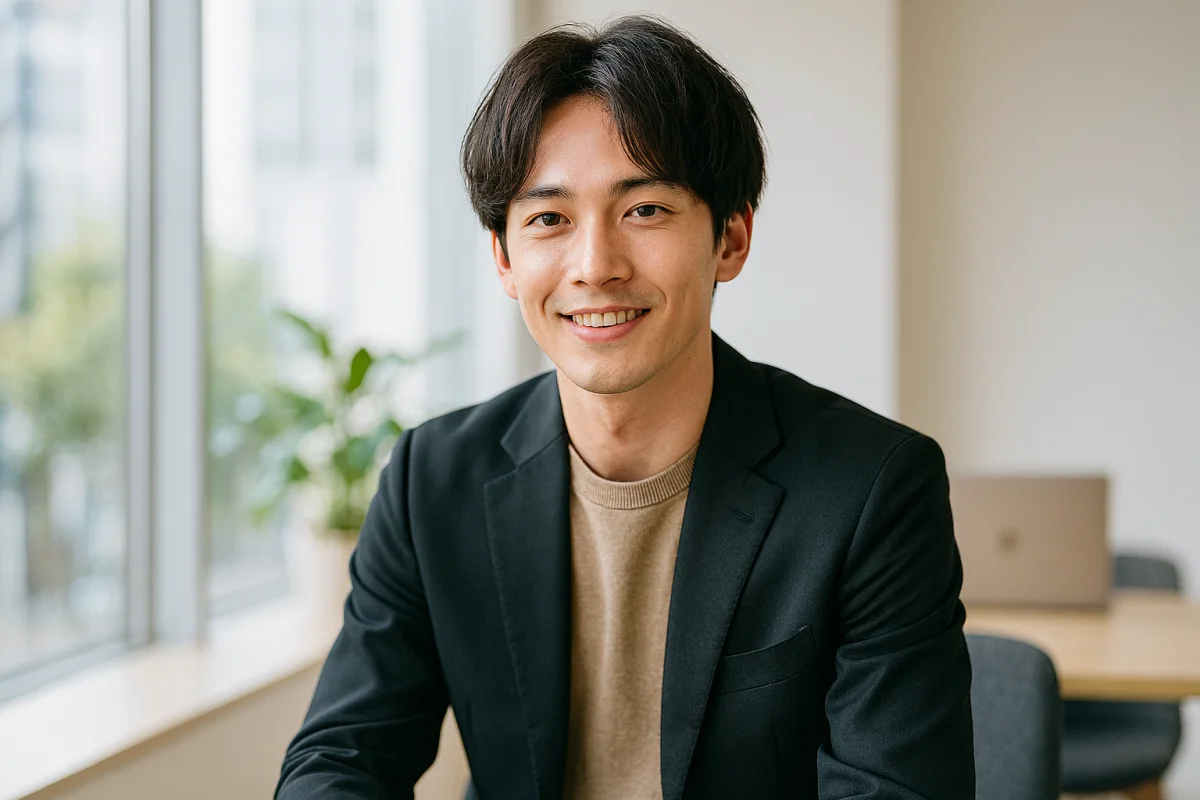 ハイブランド風ジャケットを着た若手男性が窓辺で微笑むポートレート