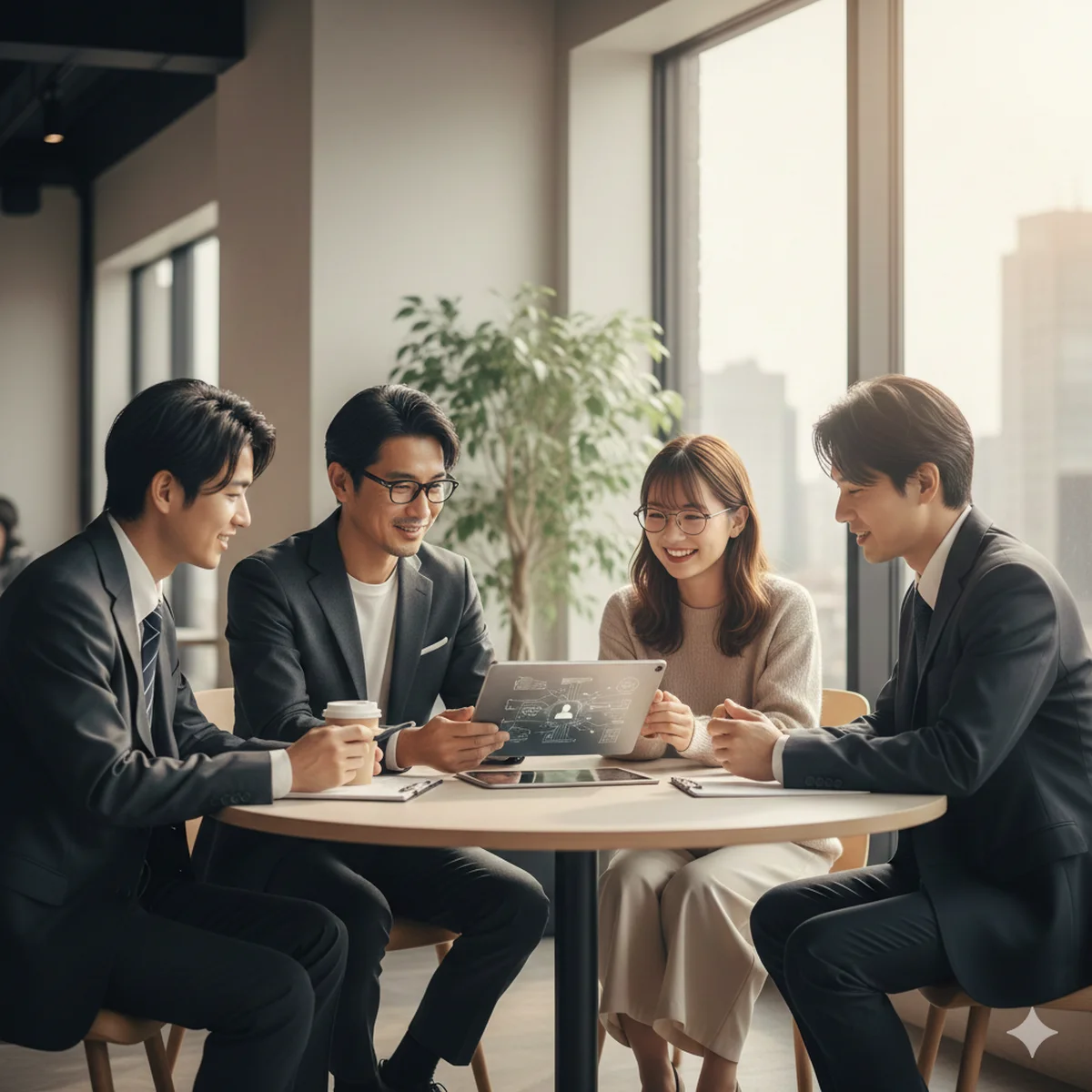 明るいオフィスでタブレットを囲み、笑顔で採用戦略を相談する日本人のビジネスパーソンたち