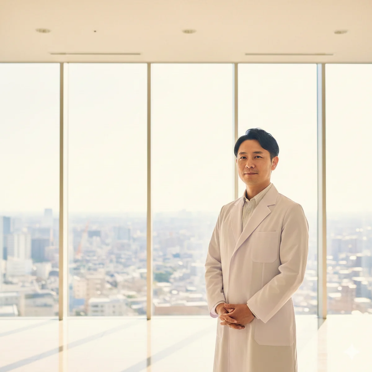 病院ロビーに立つ自信ある医師（JMC転職支援イメージ）