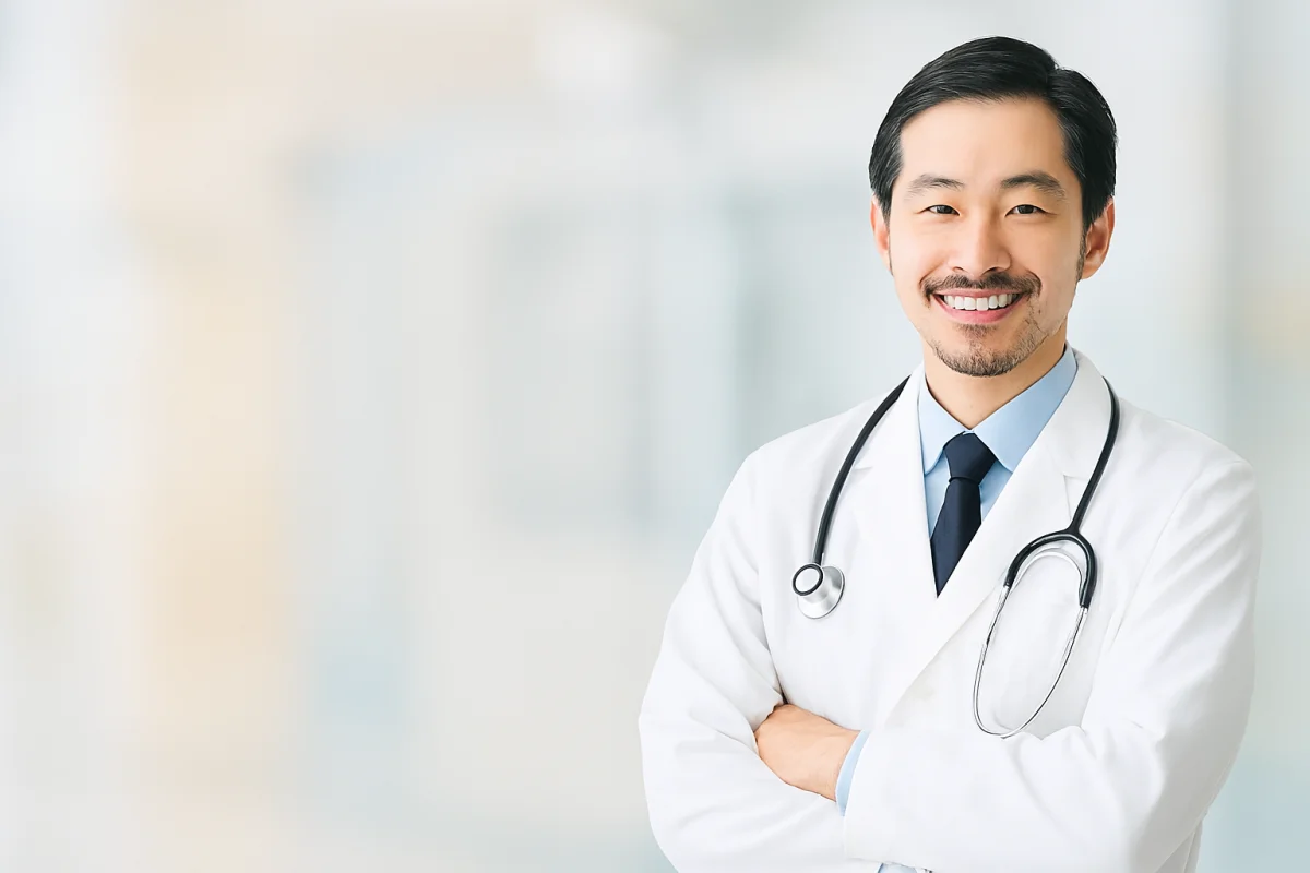 笑顔の医師が立つ病院ロビーのイメージ