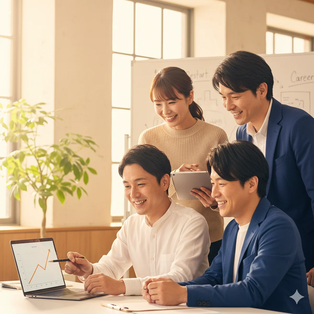 キズキビジネスカレッジで笑顔で再挑戦する30代の利用者たち。明るく前向きなオフィスでのキャリア構築の様子。