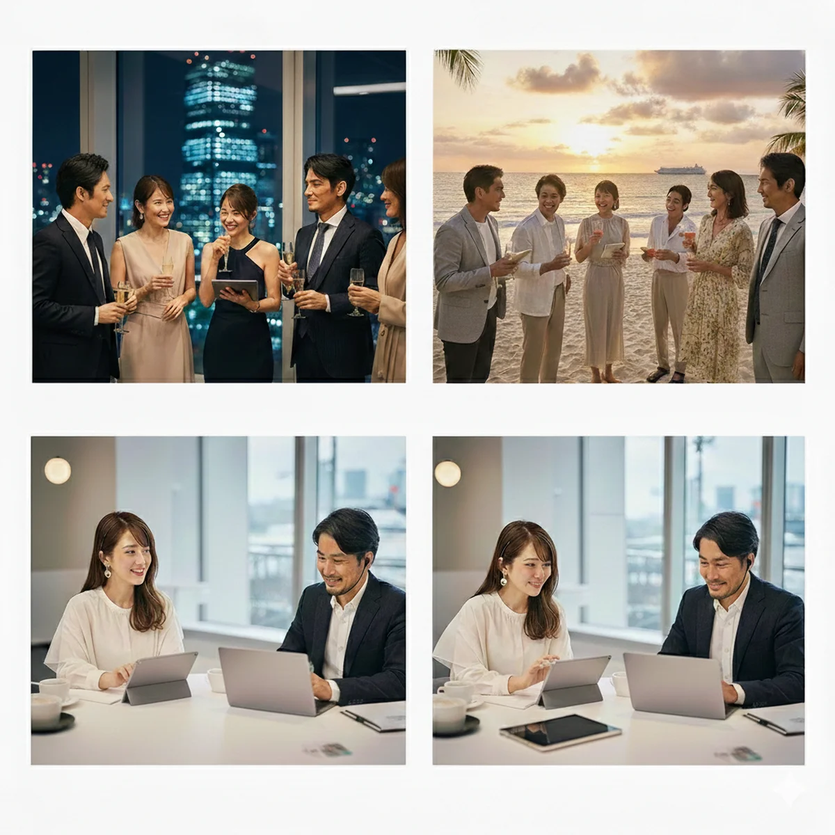 ビジネスの夜景ラウンジ、夕暮れのビーチ、モダンなオフィスでの英会話トレーニング風景を統合した、英会話習得によるキャリアとライフスタイルの向上を表現したイメージ画像