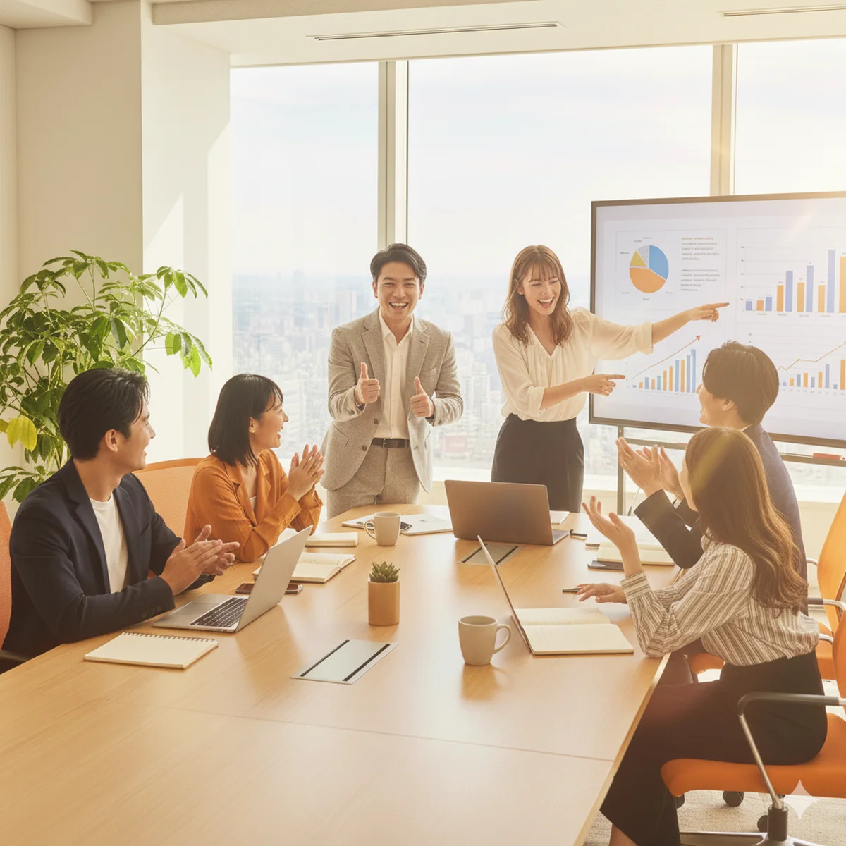 明るいオフィスで活発に議論する20代の営業職チーム。若手人材の成長を促す、風通しの良い職場環境のイメージ