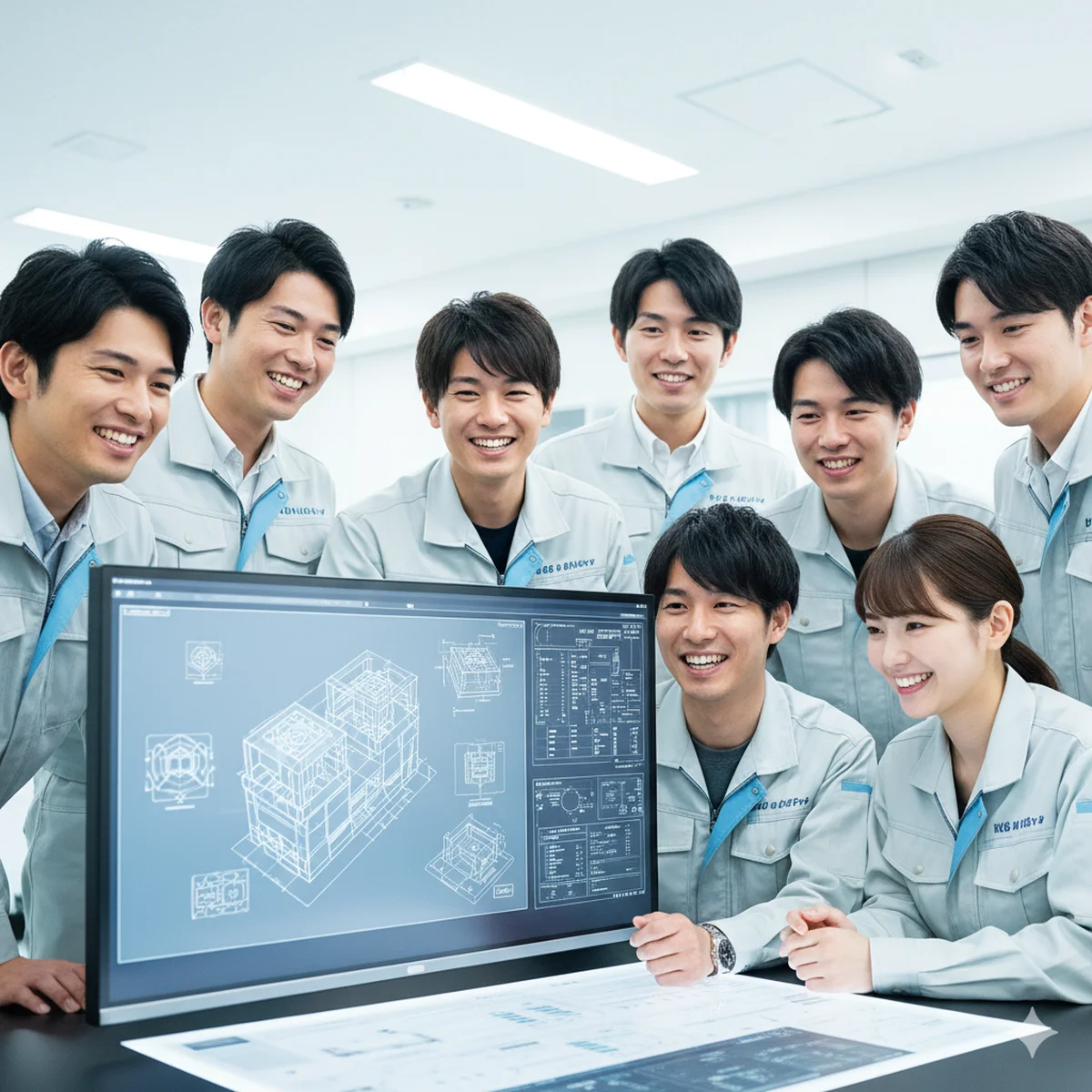 メイテックネクストを利用して活き活きと働く、20〜30代のメーカーエンジニアチームのイメージ。明るい未来を創造する風景。